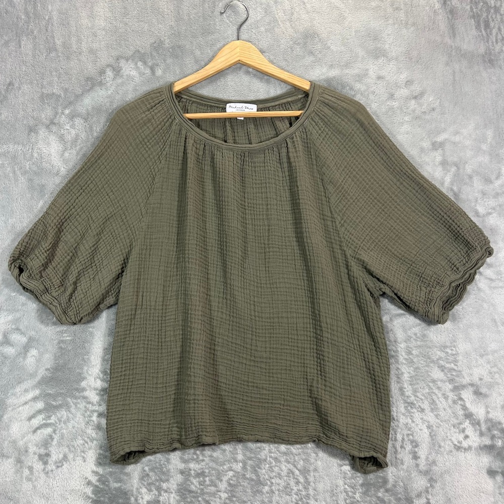 Michael Stars Jane Puff Sleeve Top Womens Medium Olive Green Cotton Gauze Boho